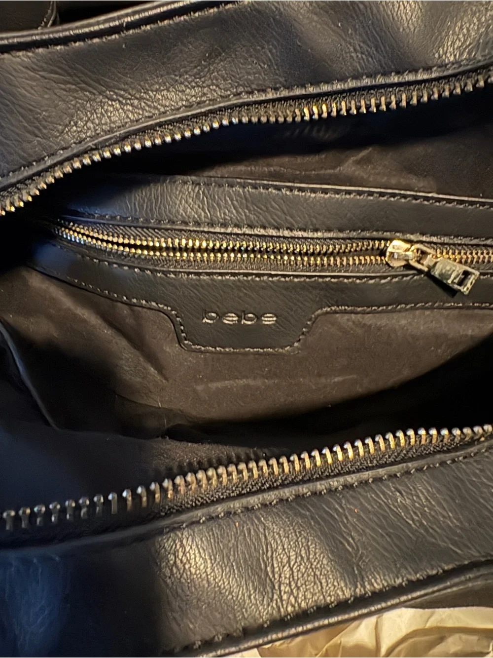 bebe Black Leather Hobo with Gold Chain Trim